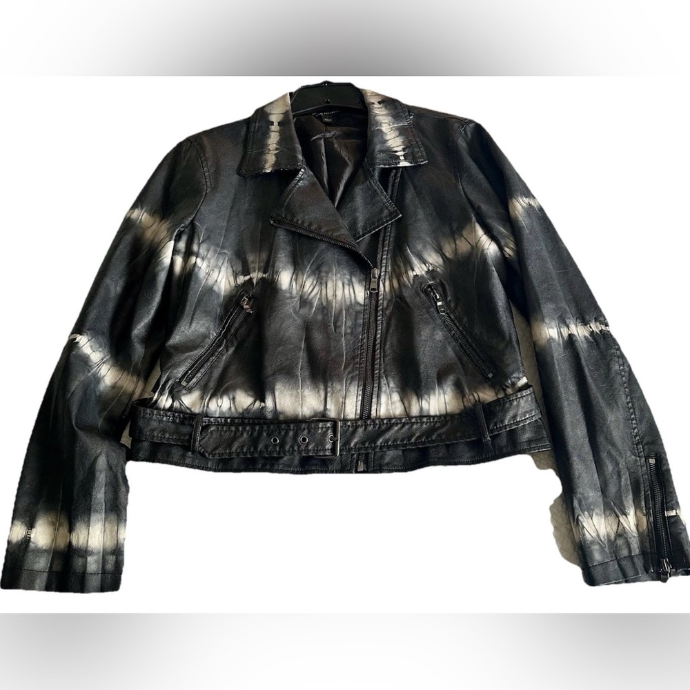 Rock & Republic Women L Black Faux Leather Tie Dye Moto Jacket Biker Rocker Chic